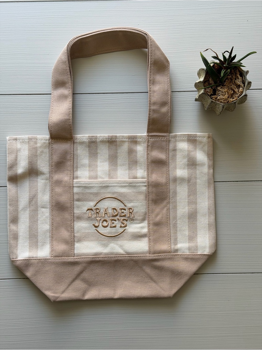 Trader Joe’s 2026 Limited Summer Edition Tan/Beige Striped Mini Canvas Tote Bag